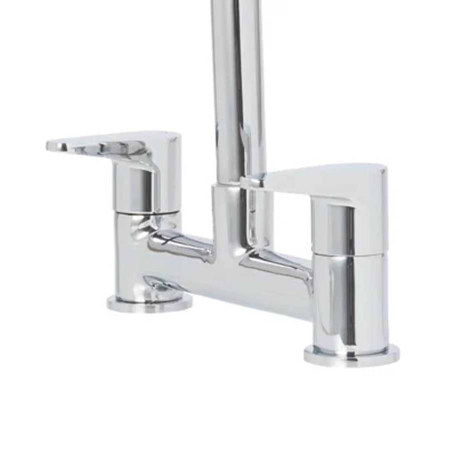 Kitchen Mixer Tap Chrome Dual Twin Lever Bridge Deck-Mounted Swivel Spout - Image 5