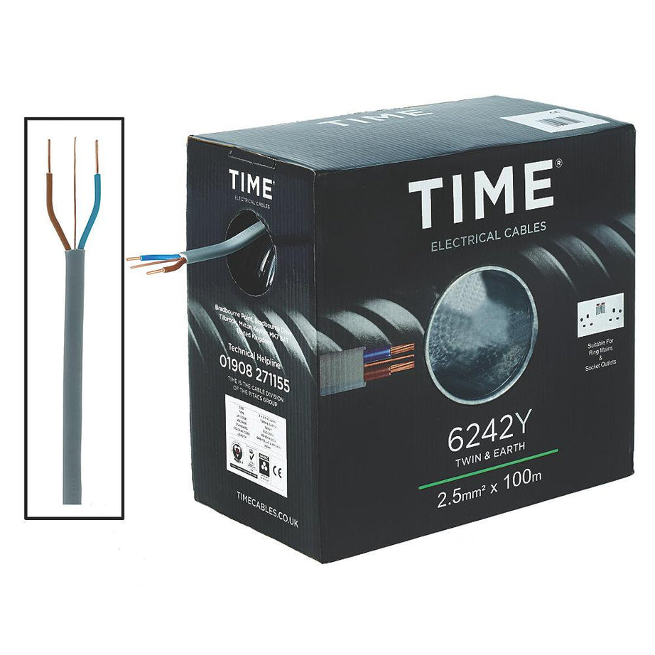 Time Electrical Cable 6242Y Grey Flat Twin And Earth 2 Core Indoor Drum 100m - Image 1