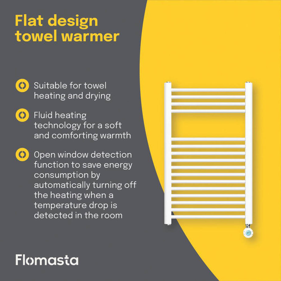 Flomasta Electric Towel Rail Radiator White Flat Bathroom Warmer (H)80x(W)50cm - Image 3