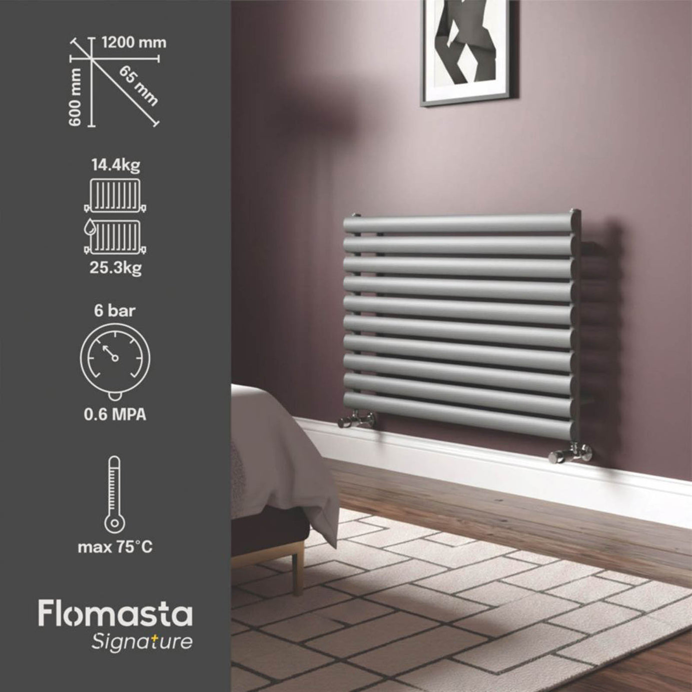 Flomasta  600mm x 1200mm 2626BTU Anthracite Horizontal Designer Radiator - Image 3