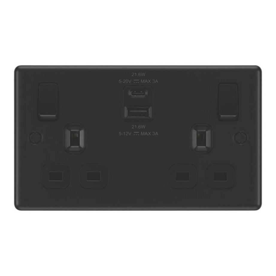 LAP Wall Plug Socket Matt Black 13A 2 Gang SP Switched Type A And C USB Charger - Image 1