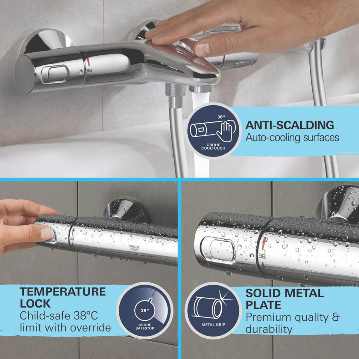 Grohe Thermostatic Shower Mixer Set Chrome Exposed 3 Spray Pattern Square Head - Image 3