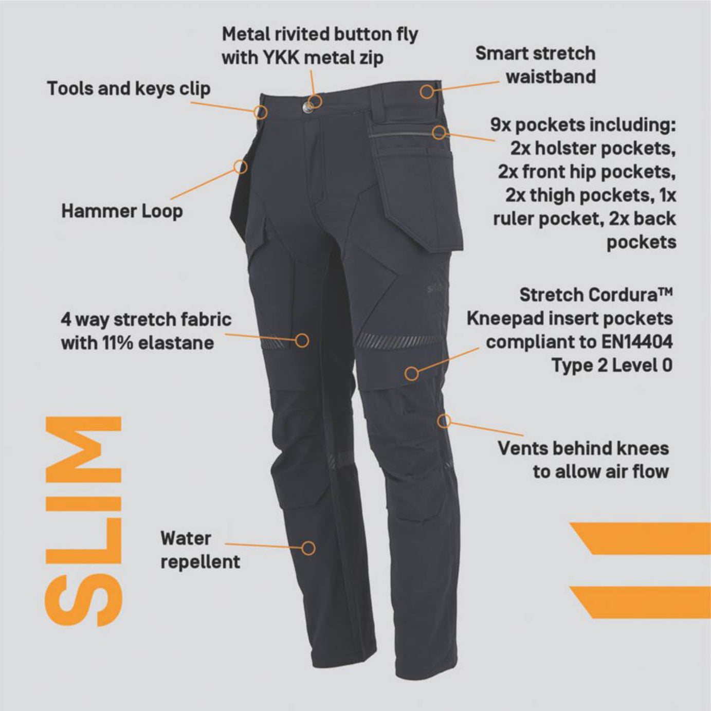 Site Mens Work Trousers Stretch 9 Pockets Black Slim Fit Breathable 36" W 32" L - Image 3